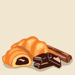 Hand-drawn croissants, chocolate pieces, and cinnamon