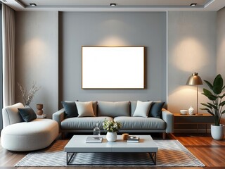 Modern living room wall art mockup featuring a blank canvas with aesthetic design, living room, empty space, interior design