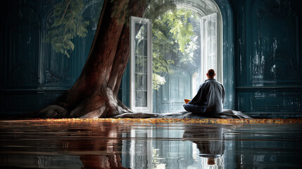 Fototapeta premium Person meditates facing an open doorway to a forest, with a large tree growing indoors beside a reflective floor in a surreal sanctuary.