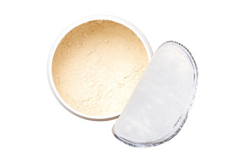 Plant protein powder in container  isolated on white background with clipping path. Top view. Flat lay.