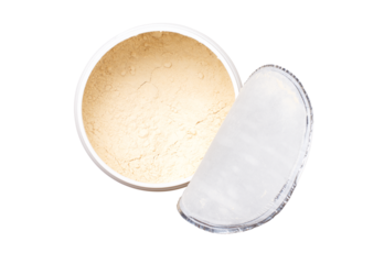 Plant protein powder in container  isolated on white background with clipping path. Top view. Flat lay.