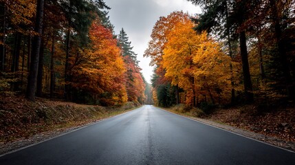 Autumnal Road Journey: Scenic Drive through a Vivid Forest Landscape