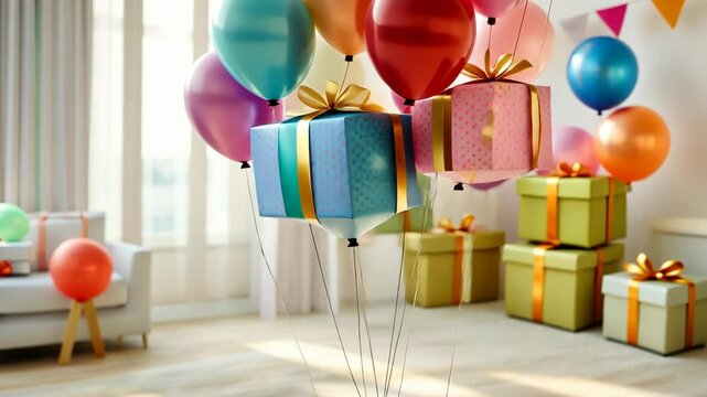 Colorful balloons and gift boxes ascend in brightly decorated party room