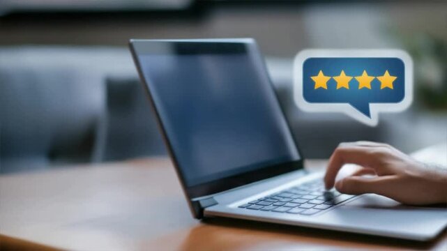 Businessman with smartphone submitting positive reviews on laptop screen, contrasting with negative customer reviews, negative feedback, and customer complaints