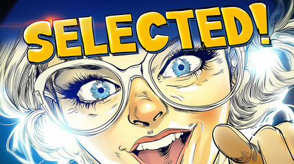 Excited woman points in a pop art comic book style, with the word "SELECTED!" featured above her head.
