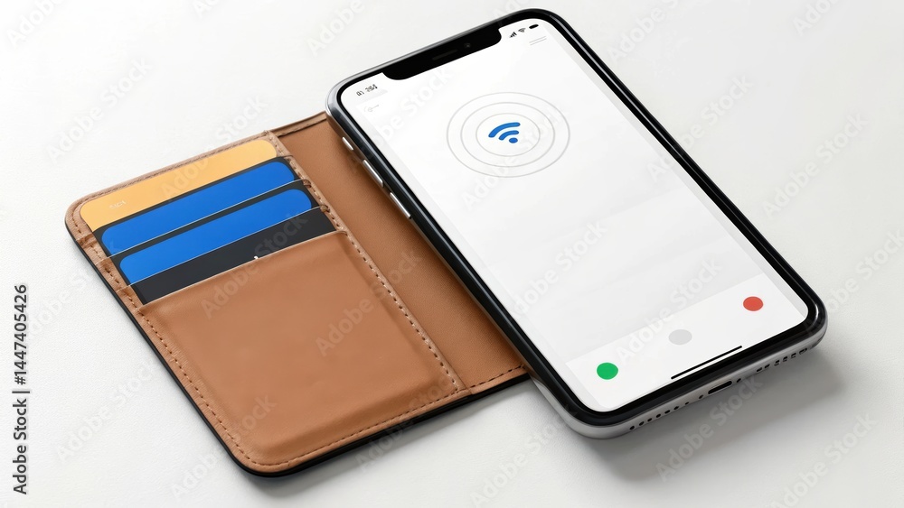 Poster a smartphone in a wallet case displaying a wi-fi signal, with credit cards visible inside the wallet