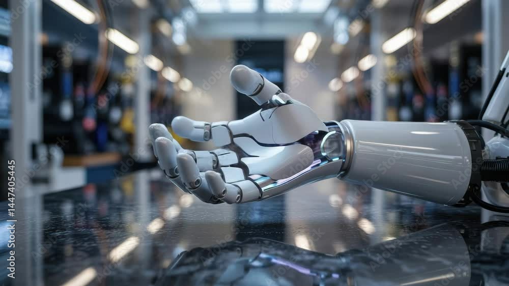 Poster agentic ai robotic hand technology on reflective surface in futuristic mechanical automation lab env