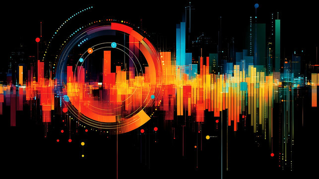 Abstract cityscape at night vibrant colors and data streams merge creating a dynamic energetic visual  Intricate cir