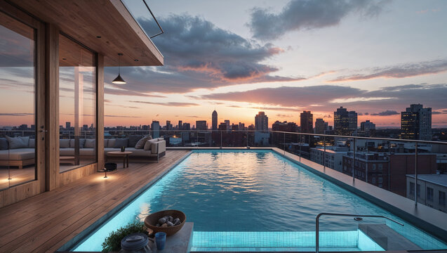 Rooftop infinity pool with cityscape view at sunset luxury urban living