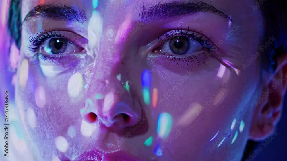 Poster close-up video shot of a face with colorful light projections, creating a vibrant, abstract effect. 
