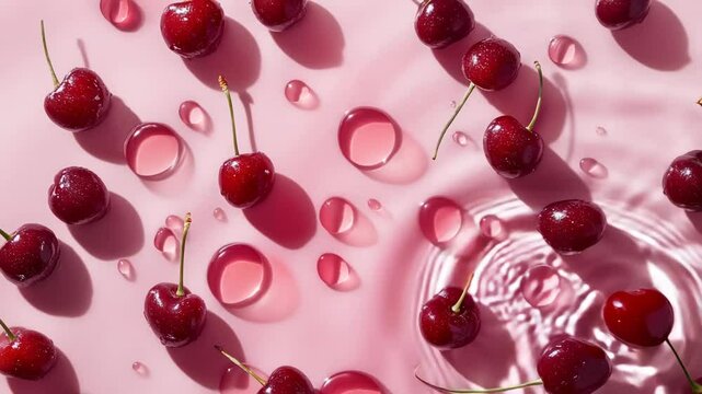 A vibrant and artistic flat lay composition featuring ripe red cherries and glossy water droplets on a soft pink background, evoking freshness and summer sweetness. The image combines natural texture 