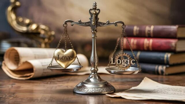 Agentic concept of balance between love and logic with antique metal scale and heart gear on wooden table with old books and parchment