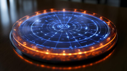 Circular, glowing, futuristic display with concentric rings of blue and orange lights.  Complex digital patterns are visible within the rings