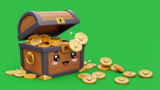 Animated treasure chest filled with cute golden coins on green background