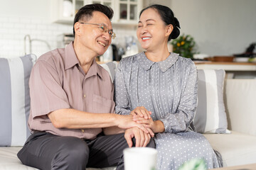 Happy Asian senior couple holding hands sitting on couch in the living room. Empathy and love with...