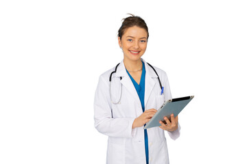 Female doctor wearing lab coat and stethoscope using digital tablet with transparent background
