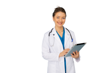 Female doctor wearing lab coat and stethoscope using digital tablet with transparent background