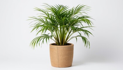 Fototapeta premium A bamboo palm (Chamaedorea seifrizii) with feathery fronds and multiple thin stalks, placed in a recycled hemp fiber cylinder pot with stitched seams