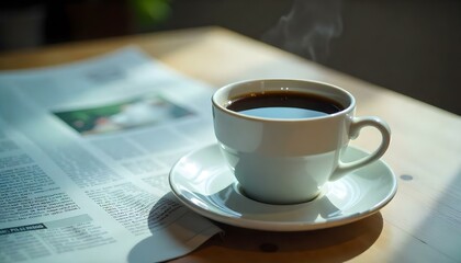 selective focus of cup with coffee near newspapers on white