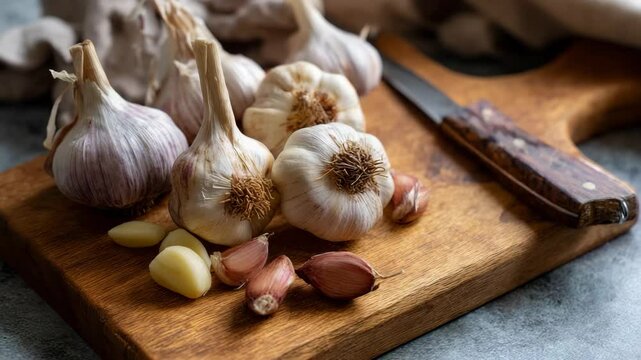 An arrangement of fresh garlic bulbs and cloves on a wooden cutting board, showcasing the rustic beauty and versatility of garlic in cooking and its health benefits.