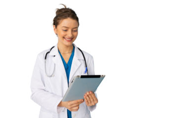 Female doctor smiling and using digital tablet, isolated on transparent background