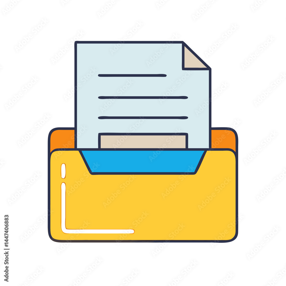 Poster yellow folder with document file paper sheet data storage organization and management system icon