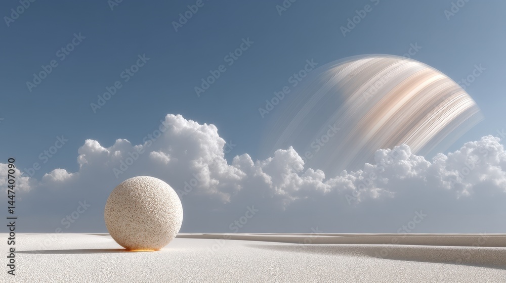 Poster a glowing spherical pod like structure appears to float effortlessly against a serene cloud filled s