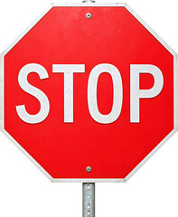 Red stop sign with white letters on pole