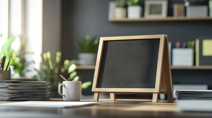 Wooden chalkboard on a desk in a modern home office