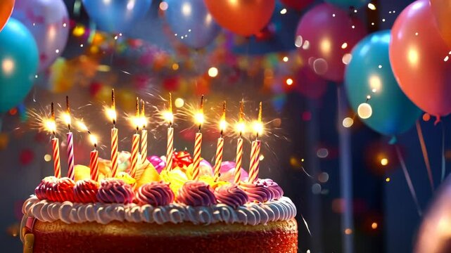 Vibrant birthday celebration with sparkling candles and colorful balloons
