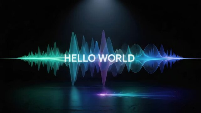 Agentic AI with glowing soundwave and Hello World text in futuristic digital style emitting light, inspiring technology and innovation