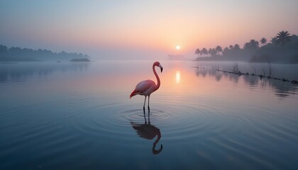 Fototapeta premium Flamingo in Shallow Lagoon at Sunrise