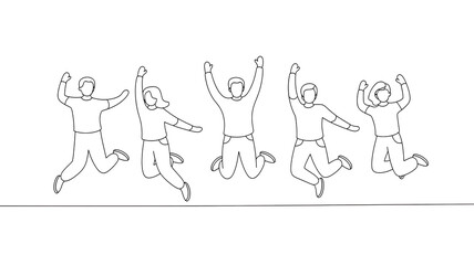 Continuous one line drawing of jumping  team members Transparent background png file