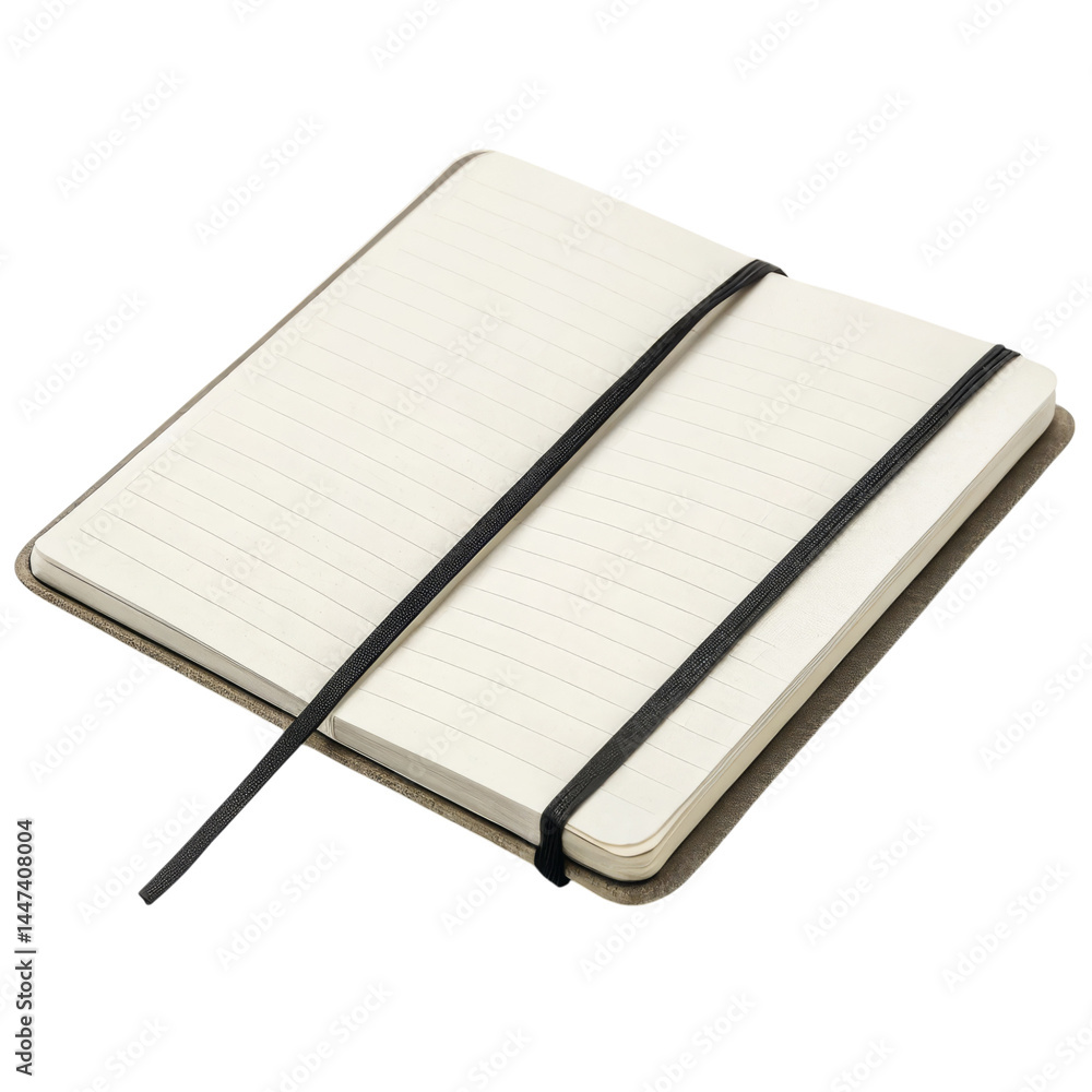Poster notebook with a black elastic band, open to lined pages.