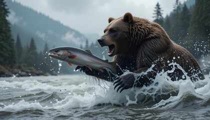 Obraz premium Grizzly Bear Catching Salmon in a River