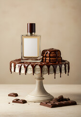 Chocolate-themed perfume display with dripping chocolate and cookies