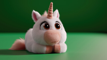 Fototapeta premium Fluffy, white unicorn plush toy with large eyes, resting on a bright green surface. Soft fur, light pink details