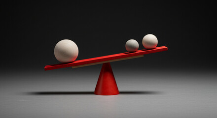 Balancing spheres on a vibrant red seesaw, symbolizing stability and equilibrium