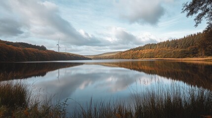 Reflective lake mirroring autumn hills