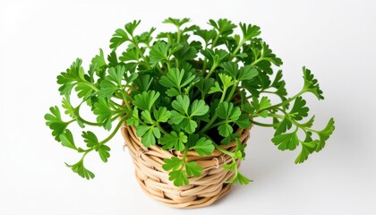 Naklejka premium A pot of parsley (Petroselinum crispum) with tightly curled green leaves growing from multiple soft stems, housed in a small pot constructed from interwoven dried corn husks