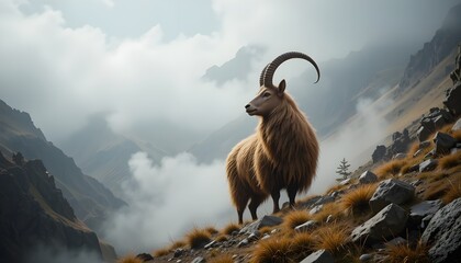 Takin on a Misty Himalayan Slope