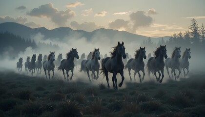 Fototapeta premium Wild Horses Running Through Foggy Field