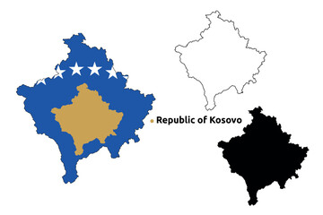 Kosovo Map Vector - Country Outline, Flag Inside Map, Blank and Silhouette Version