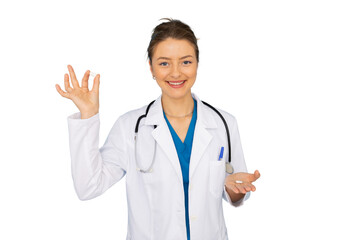 Friendly doctor showing a pill and offering more pills, isolated on transparent background, ideal for health and medical themes