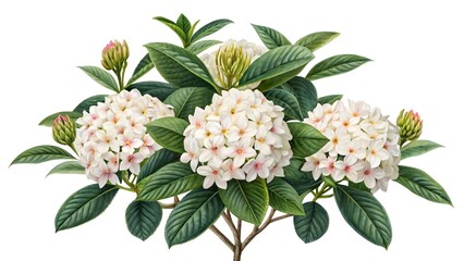 White tropical flowers with green leaves isolated on white background