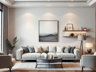 Modern living room interior with a mockup of wall art, stylish decor items, and a display shelf, furniture, wall art, display