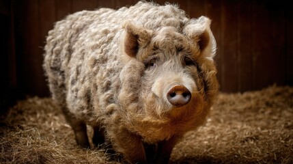 Mangalica Pig Portrait: Curly Coated Hog in Farm Setting