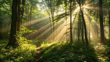 Obraz premium Morning sunlight filtering through trees in lush green forest path