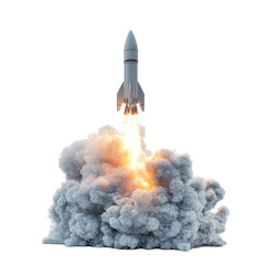 Rocket launches into the sky amidst clouds of smoke, representing advancement in space exploration technology