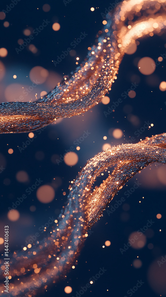 Poster abstract image of glittering, bronze-toned particles swirling on a dark blue background, creating a 